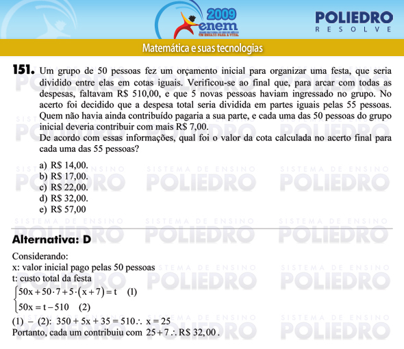 Questão 151 - Prova - ENEM 2009