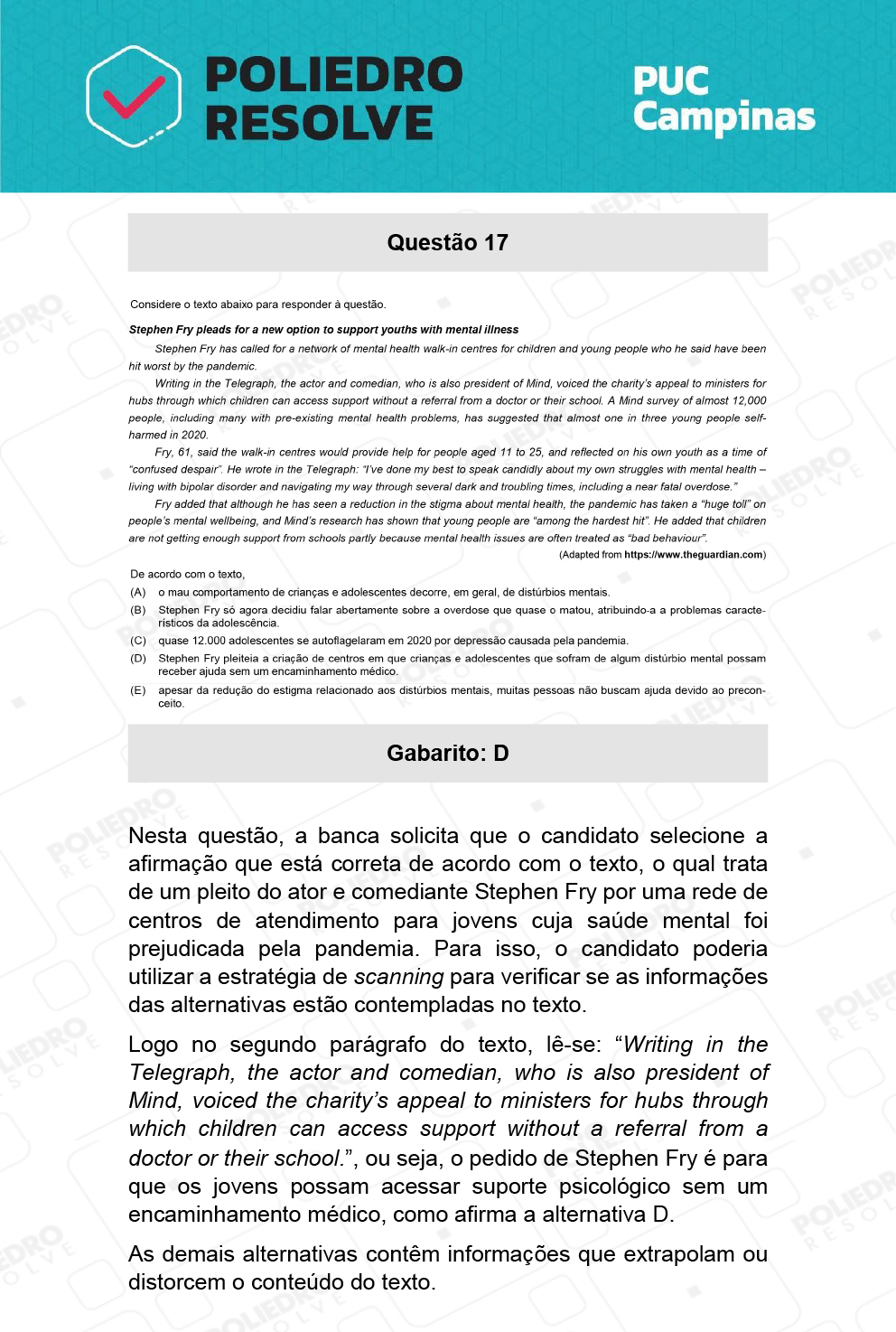 Questão 17 - Prova Geral e Medicina - PUC-Campinas 2022