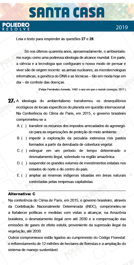 Questão 27 - 2º Dia - Objetivas - SANTA CASA 2019