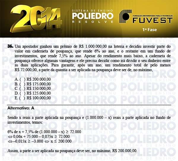 Questão 36 - 1ª Fase - FUVEST 2014