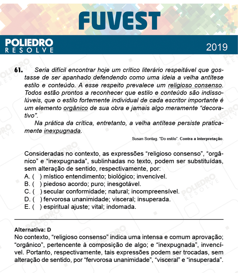 Questão 61 - 1ª Fase - Prova V - FUVEST 2019