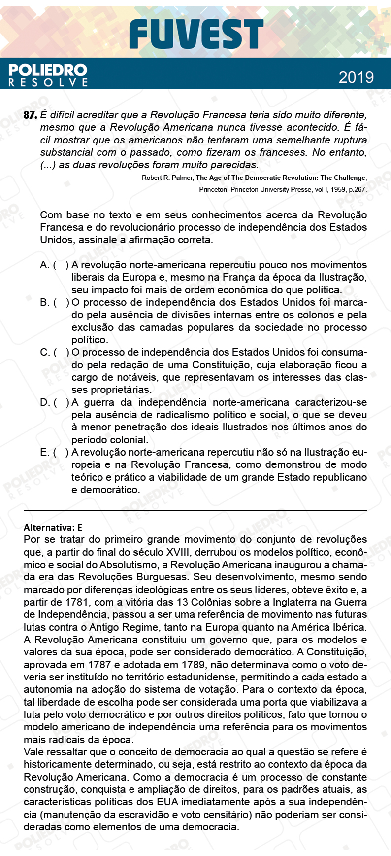 Questão 87 - 1ª Fase - Prova V - FUVEST 2019