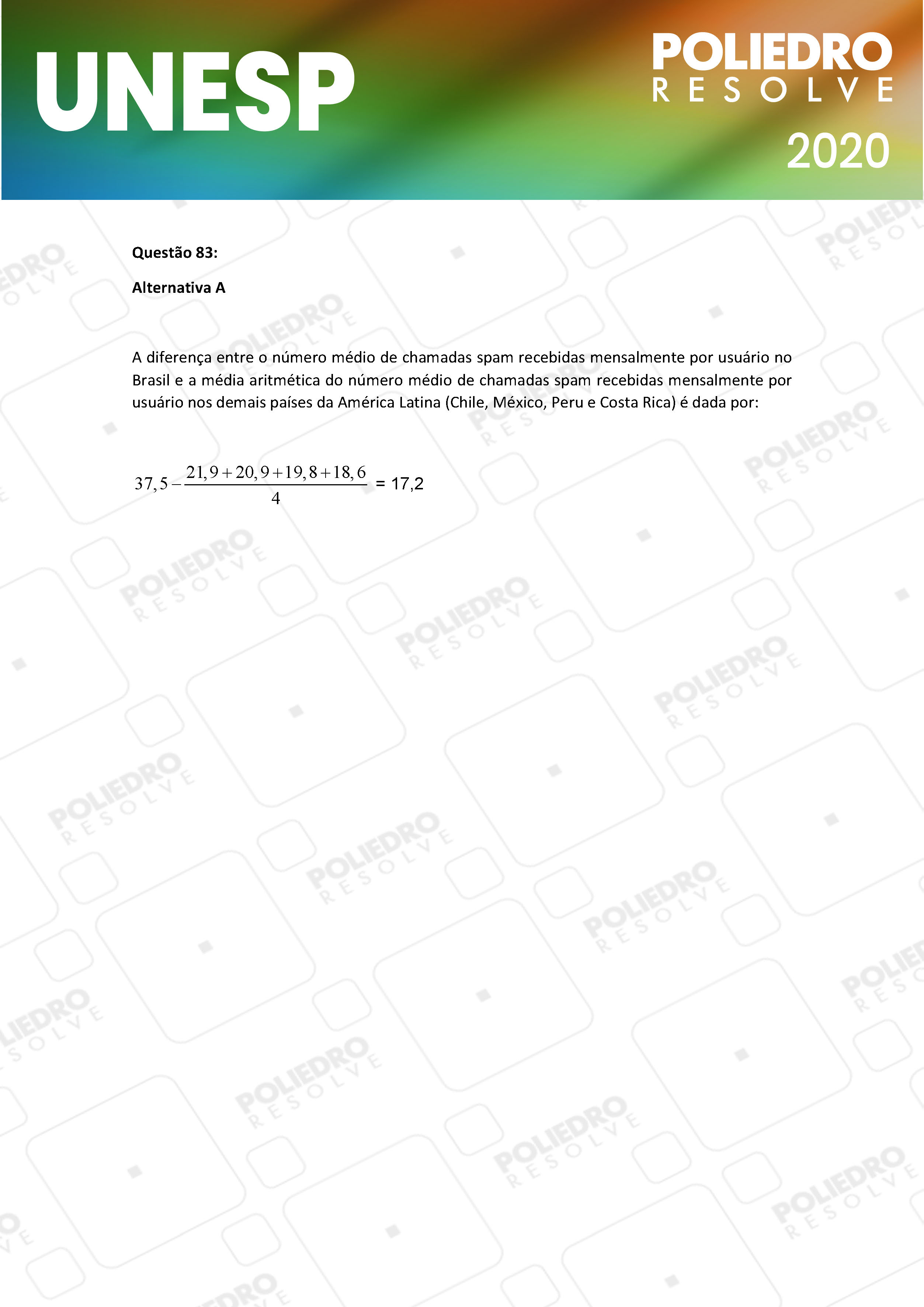 Questão 83 - 1ª Fase - UNESP 2020