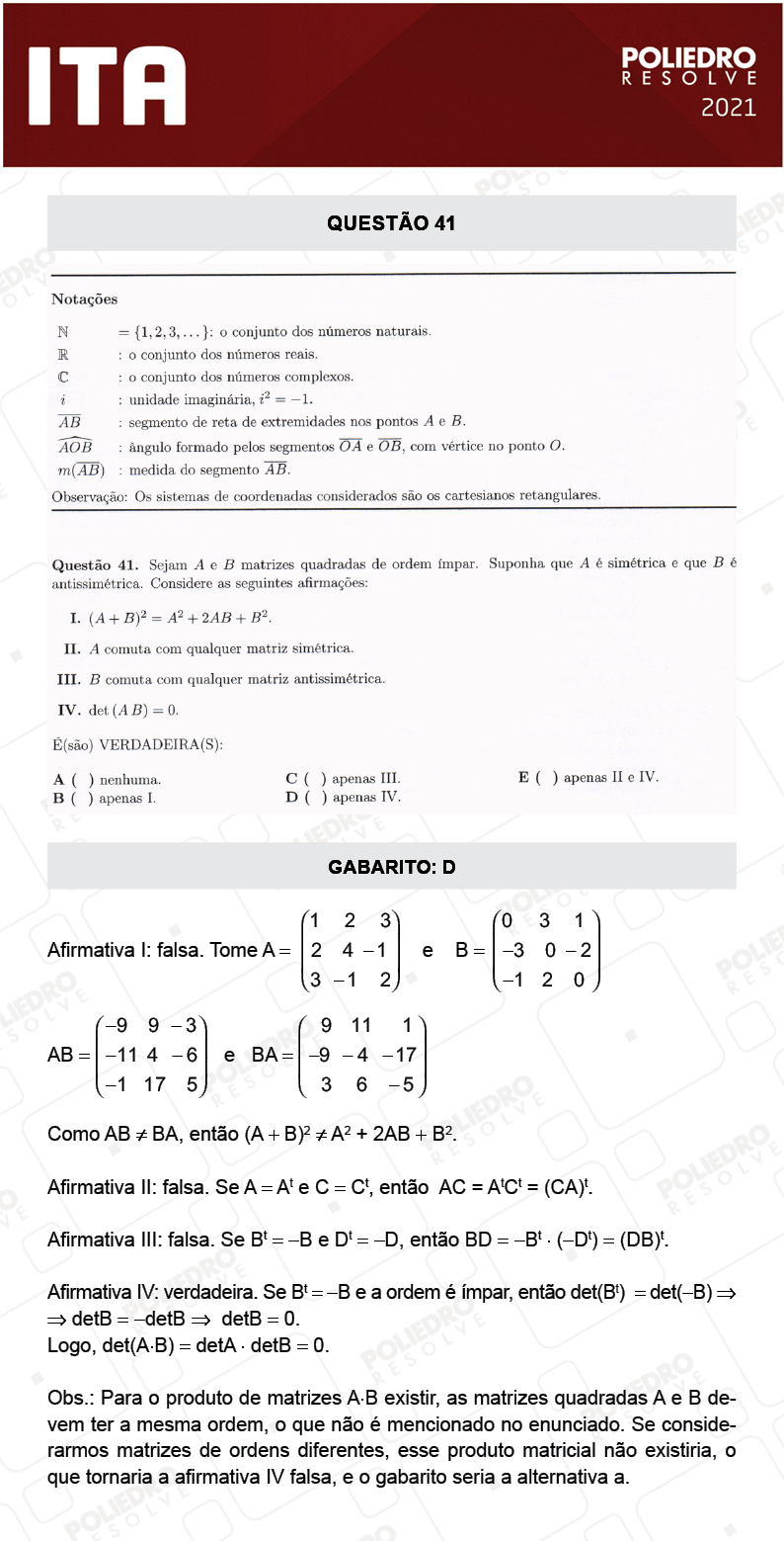 Questão 41 - 1ª Fase - ITA 2021