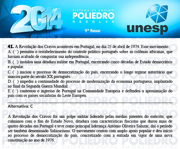 Questão 41 - 1ª Fase - UNESP 2014