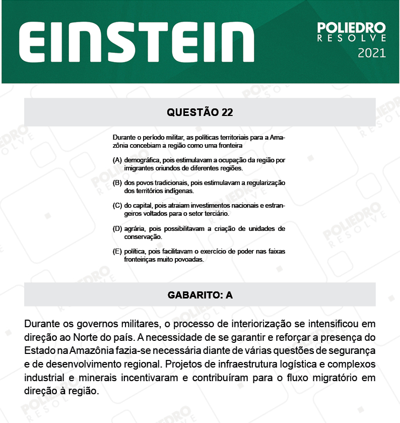 Questão 22 - Fase única - EINSTEIN 2021