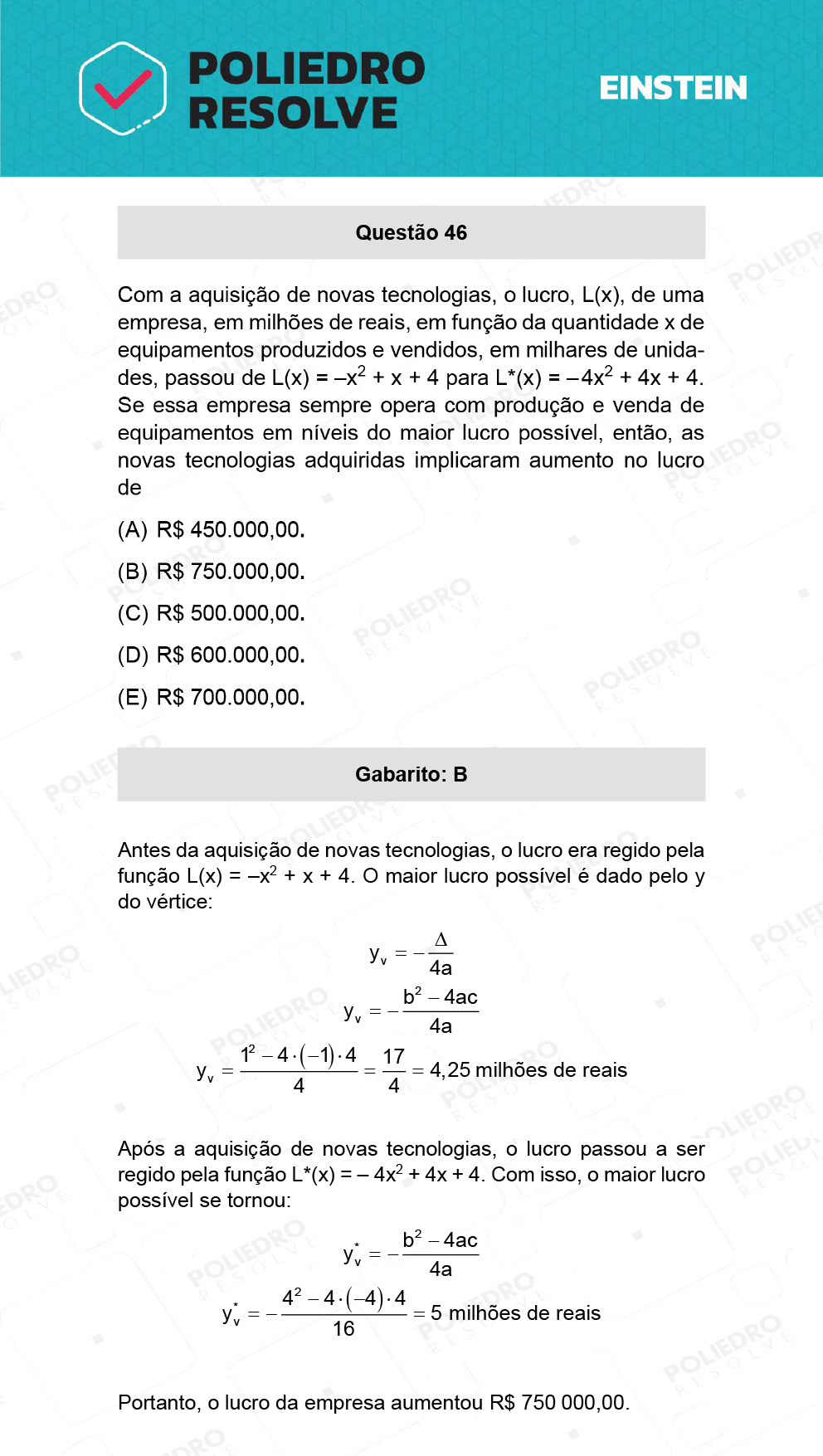 Questão 46 - Fase única - EINSTEIN 2022