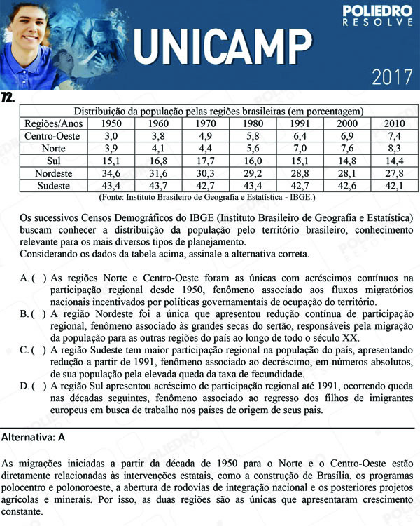 Questão 72 - 1ª Fase - UNICAMP 2017