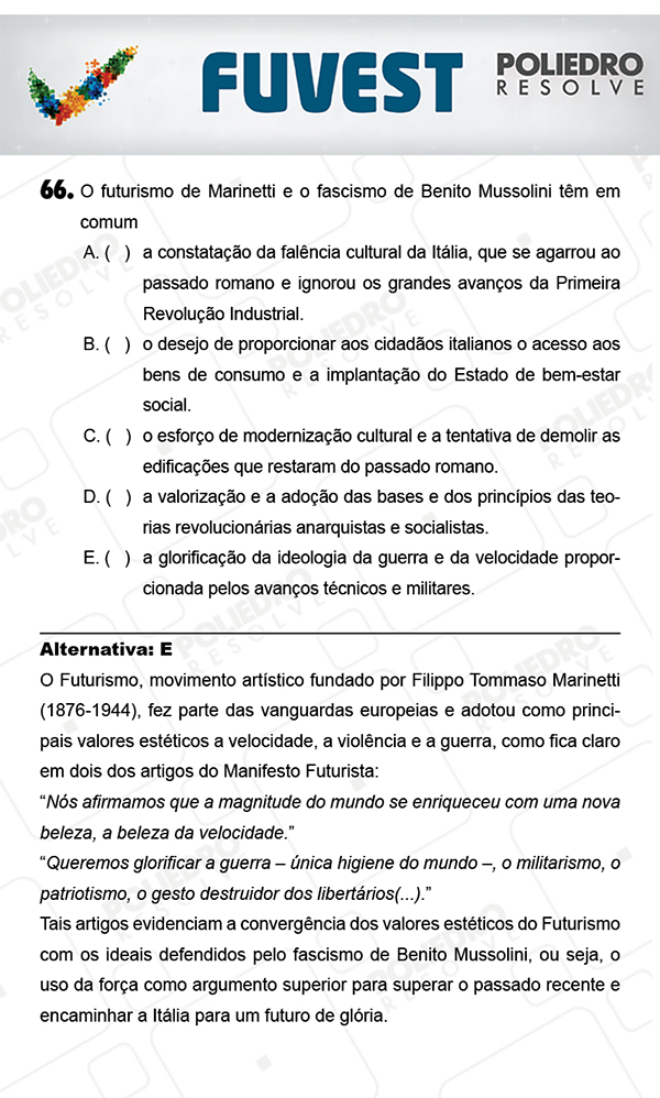 Questão 66 - 1ª Fase - PROVA V - FUVEST 2018