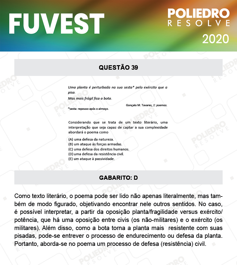 Questão 39 - 1ª Fase - Prova V - FUVEST 2020