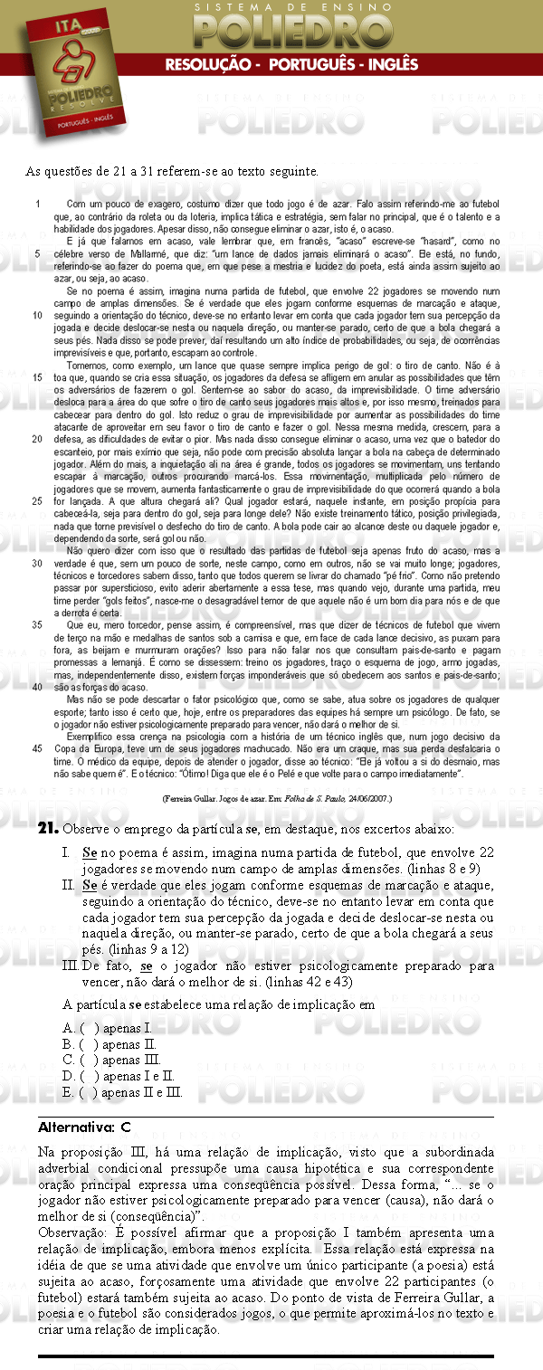 Questão 21 - Português e Inglês - ITA 2008