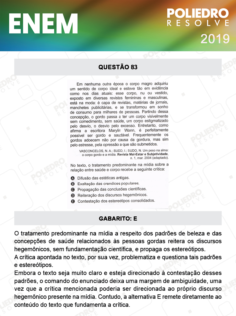 Questão 83 - 1º DIA - PROVA BRANCA - ENEM 2019