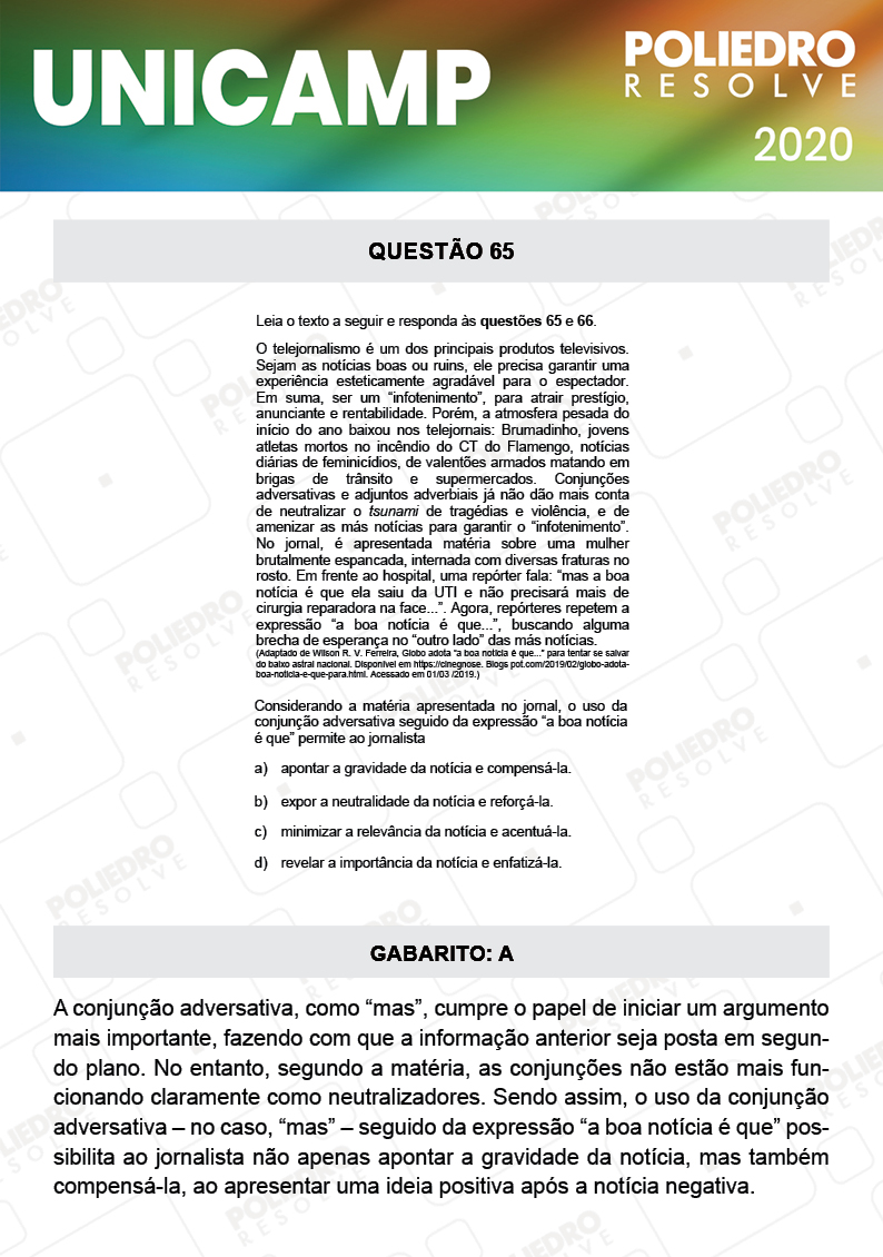 Questão 65 - 1ª Fase - Prova Q e X - UNICAMP 2020