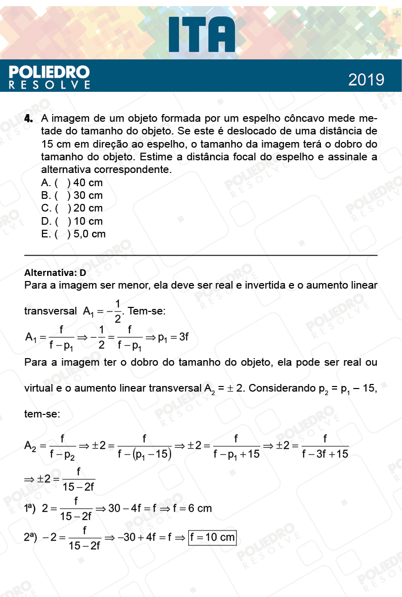 Questão 4 - 1ª Fase - FIS / POR / ING/ MAT / QUI - ITA 2019