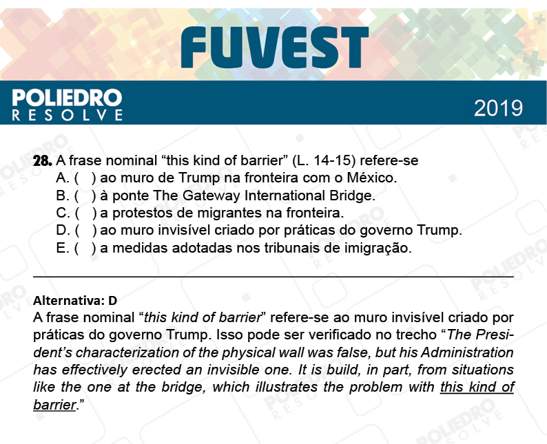 Questão 28 - 1ª Fase - Prova K - FUVEST 2019