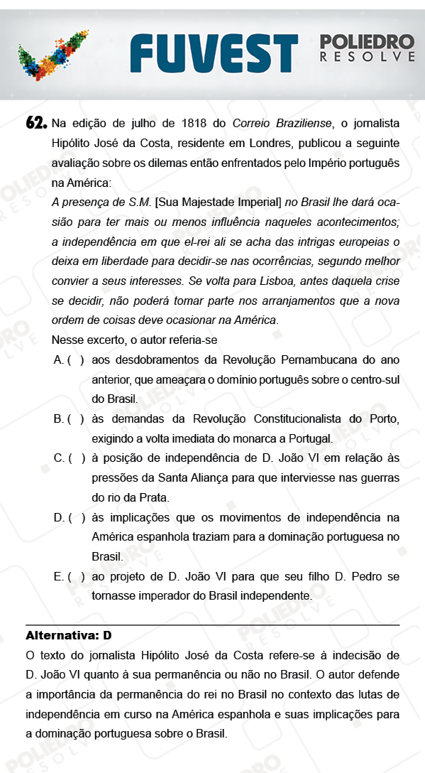 Questão 62 - 1ª Fase - PROVA V - FUVEST 2018