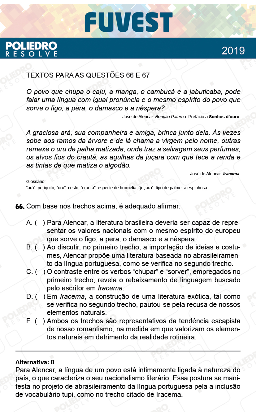 Questão 66 - 1ª Fase - Prova V - FUVEST 2019