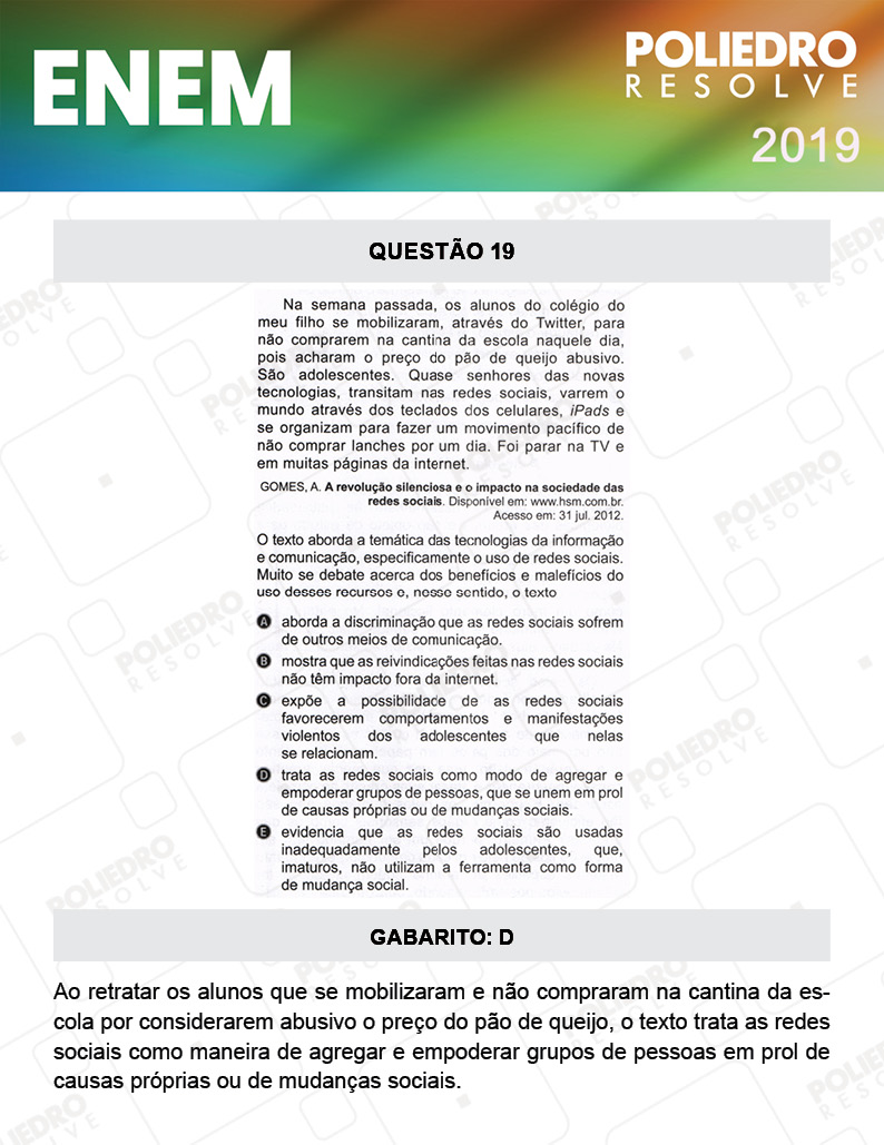 Questão 19 - 1º DIA - PROVA BRANCA - ENEM 2019