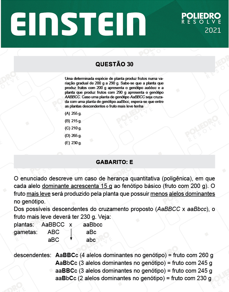 Questão 30 - Fase única - EINSTEIN 2021