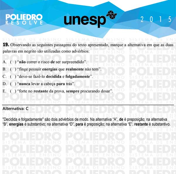 Questão 19 - 1ª Fase - UNESP 2015