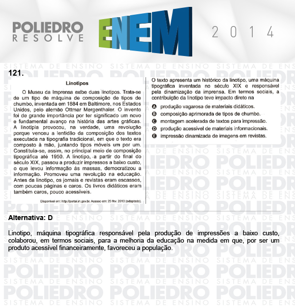 Questão 121 - Domingo (Prova Cinza) - ENEM 2014