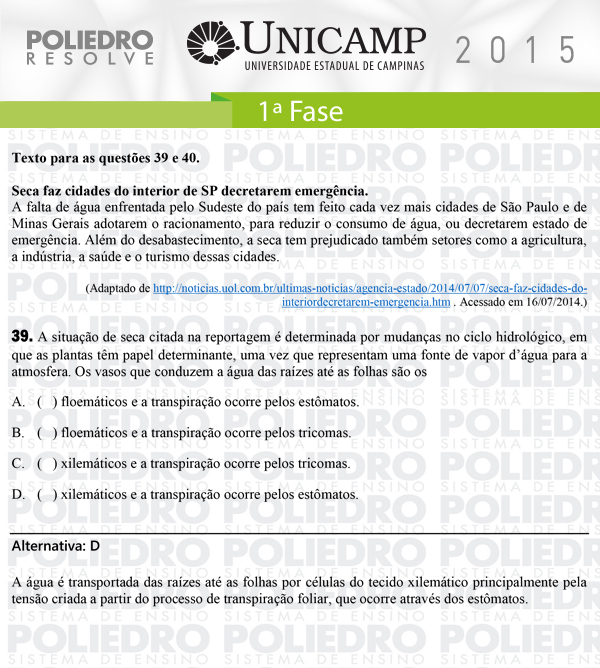 Questão 39 - 1ª Fase - UNICAMP 2015