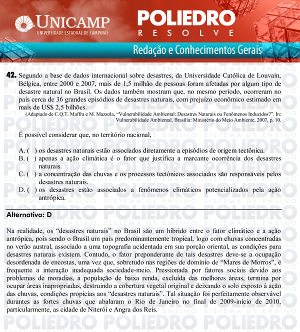 Questão 42 - 1ª Fase Versão Q-Z - UNICAMP 2011