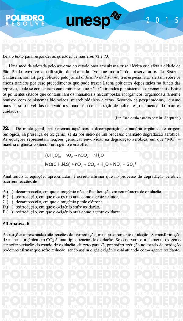 Questão 72 - 1ª Fase - UNESP 2015