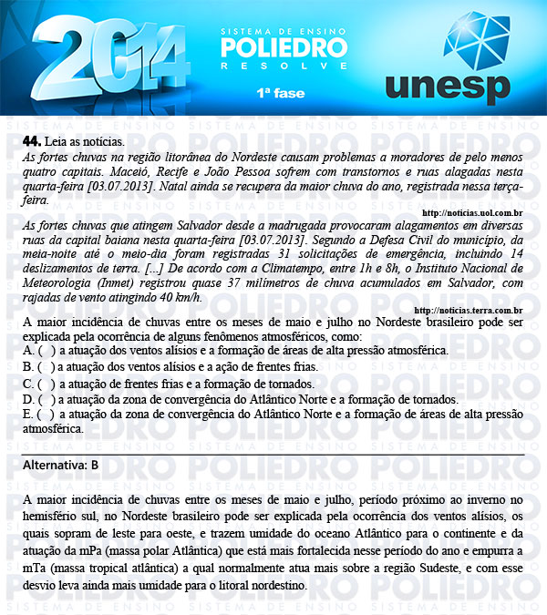 Questão 44 - 1ª Fase - UNESP 2014