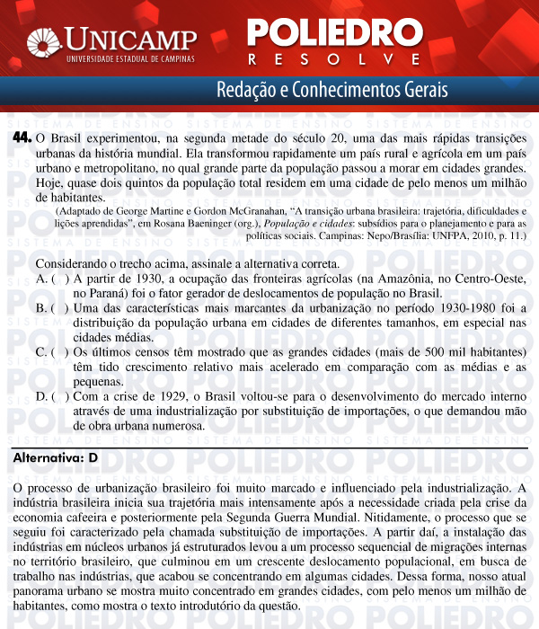 Questão 44 - 1ª Fase - UNICAMP 2012