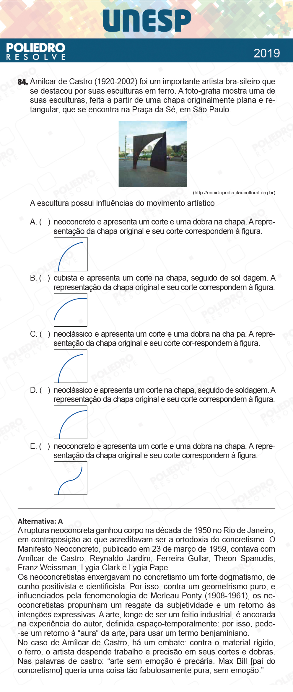 Questão 84 - 1ª Fase - UNESP 2019