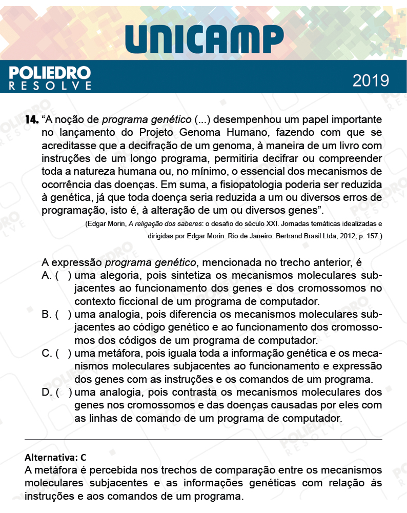 Questão 14 - 1ª Fase - PROVA Q e X - UNICAMP 2019