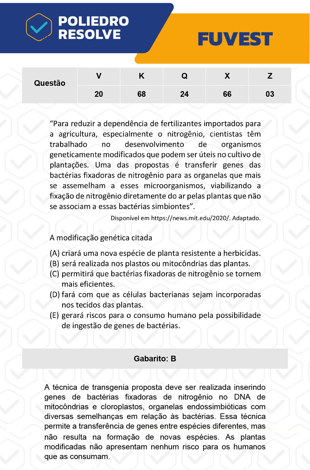 Questão 68 - 1ª Fase - Prova K - FUVEST 2023