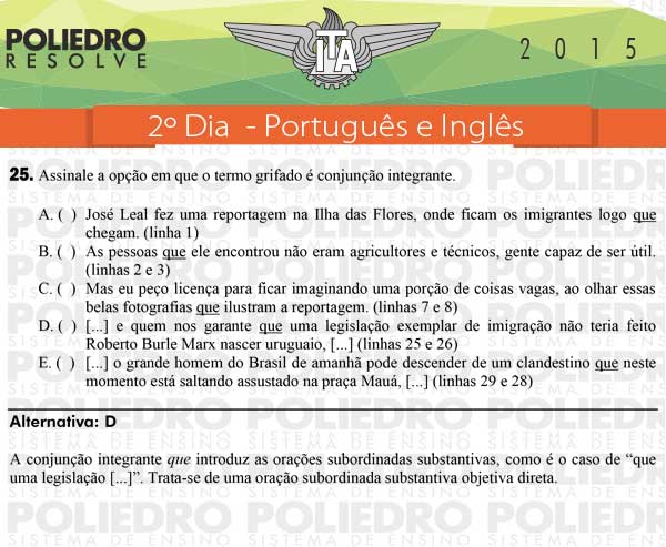 Questão 25 - Português e Inglês - ITA 2015