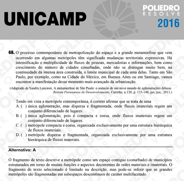 Questão 68 - 1ª Fase - UNICAMP 2016