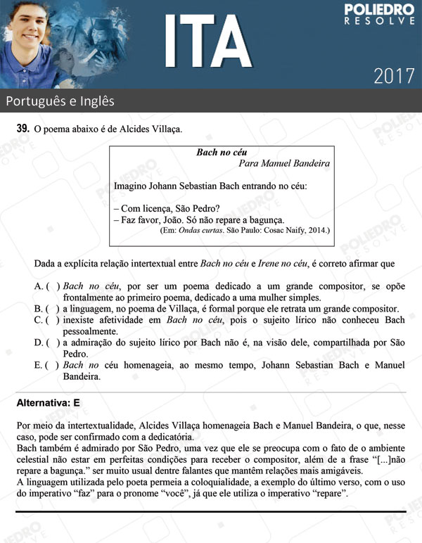 Questão 39 - Português e Inglês - ITA 2017