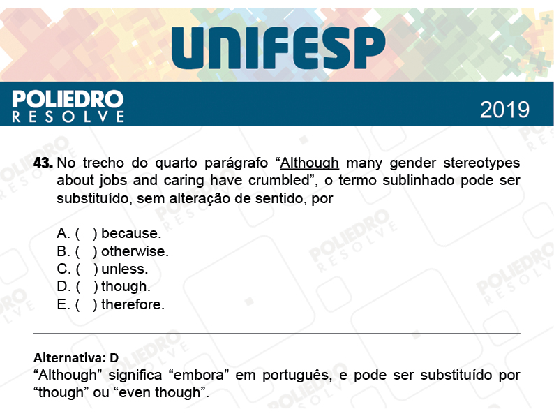 Questão 43 - Fase única - 1º Dia - UNIFESP 2019