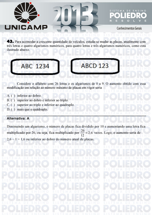 Questão 43 - 1ª Fase - UNICAMP 2013