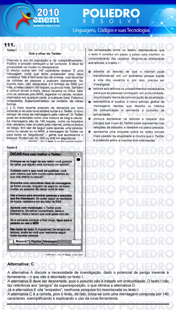 Questão 111 - Domingo (Prova rosa) - ENEM 2010