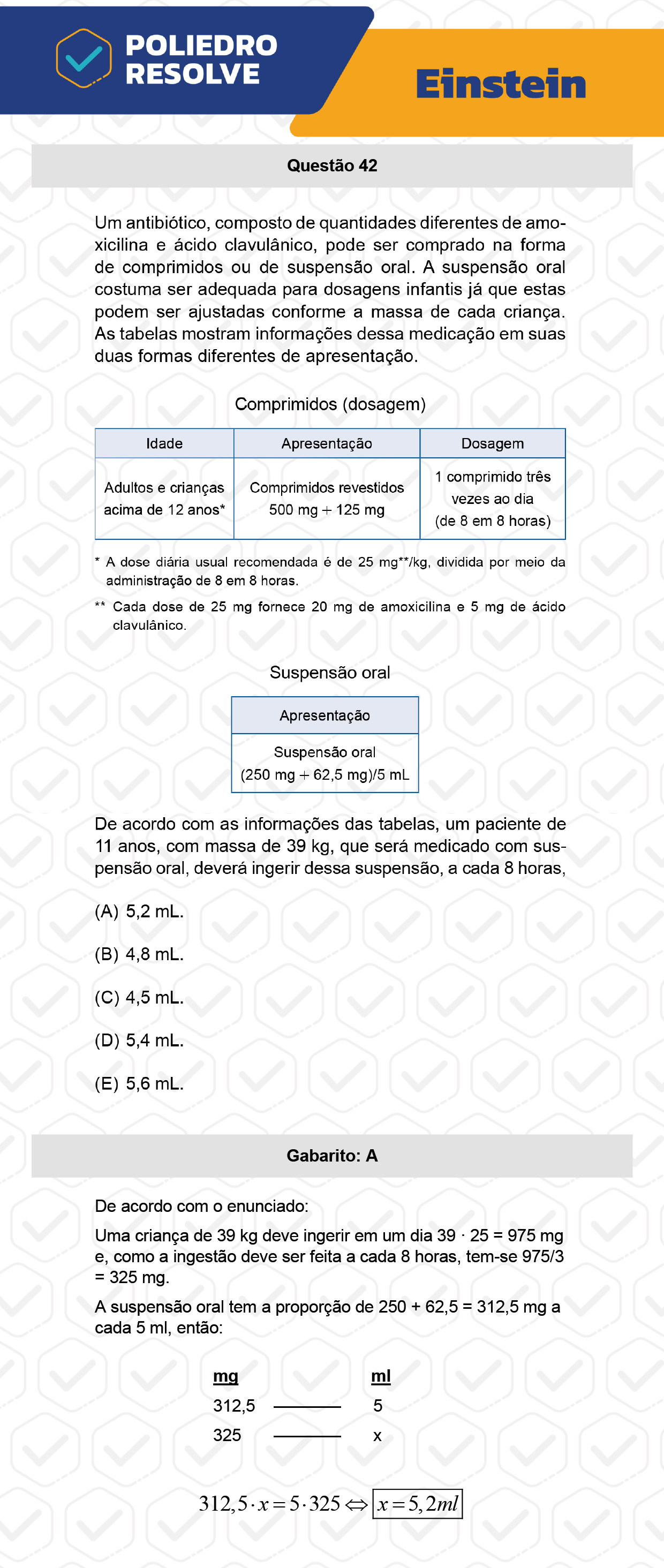 Questão 42 - Fase única - EINSTEIN 2023