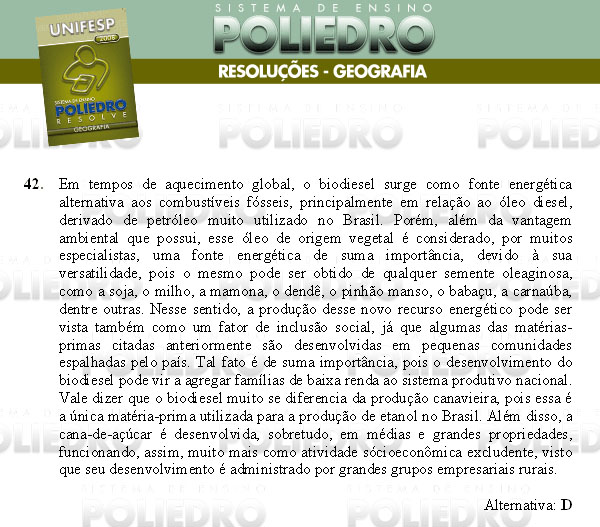 Questão 42 - Conhecimentos Gerais - UNIFESP 2008