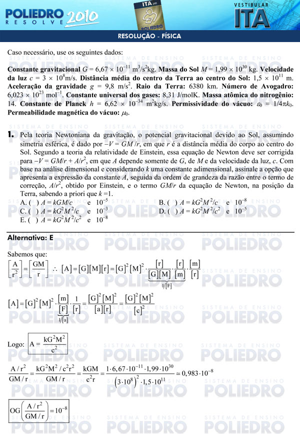 Questão 1 - Física - ITA 2010