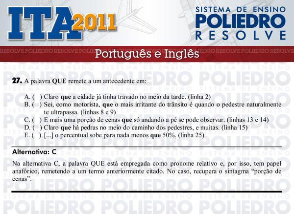 Questão 27 - Português e Inglês - ITA 2011