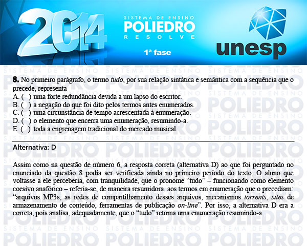 Questão 8 - 1ª Fase - UNESP 2014