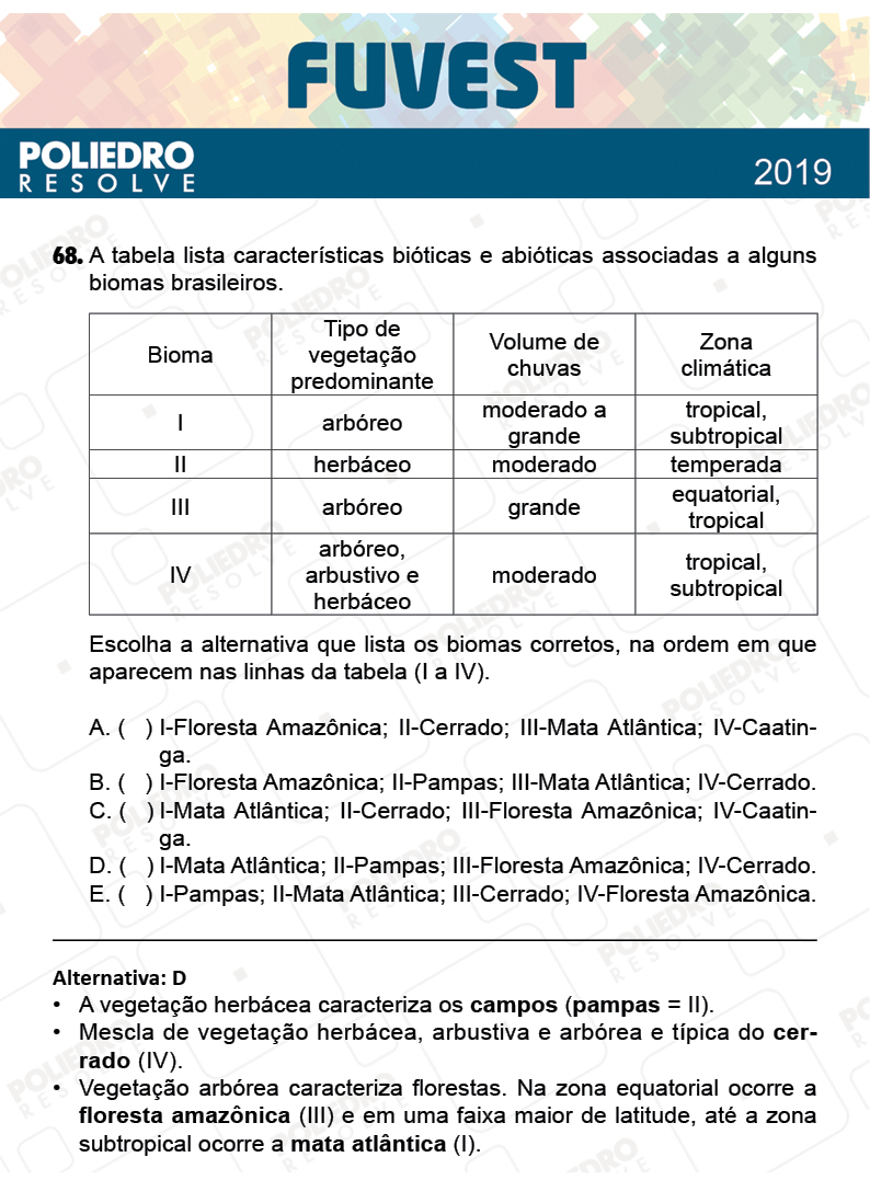 Questão 68 - 1ª Fase - Prova K - FUVEST 2019