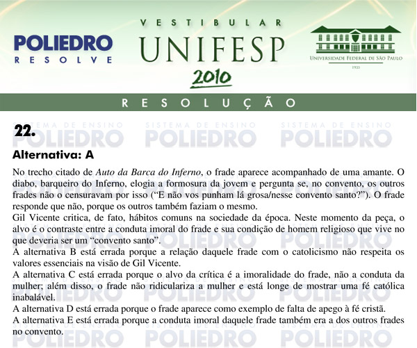 Questão 22 - Português e Inglês - UNIFESP 2010