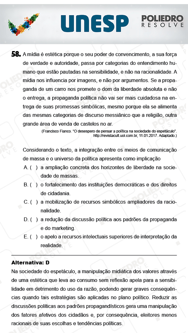 Questão 58 - 1ª Fase - PROVA 4 - UNESP 2018