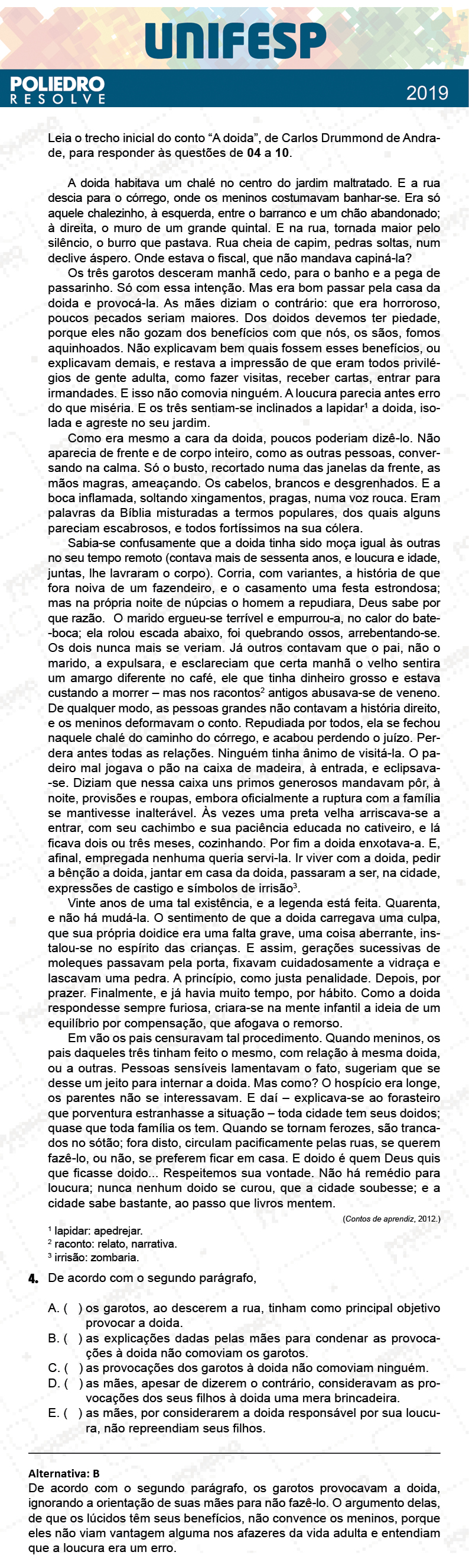 Questão 4 - Fase única - 1º Dia - UNIFESP 2019