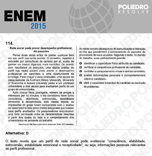 Questão 114 - Domingo (Prova Azul) - ENEM 2015