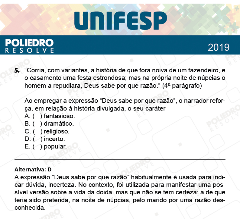 Questão 5 - Fase única - 1º Dia - UNIFESP 2019